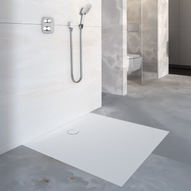 Geberit Olona floor-even shower with glass walk-in shower panel