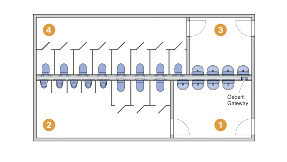 Zona 1: Predsoblje muškog WC-a; Zona 2: Muški WC; zona 3: Predsoblje ženskog WC-a; zona 4: Ženski WC