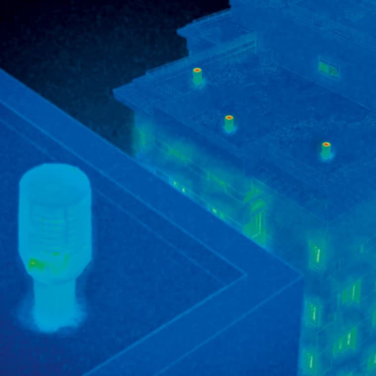 Thermal image of the ventilation pipes with Geberit energy retaining valve ERV and open at the top Thermal image of the ventilation pipes with Geberit energy retaining valve ERV and open at the top