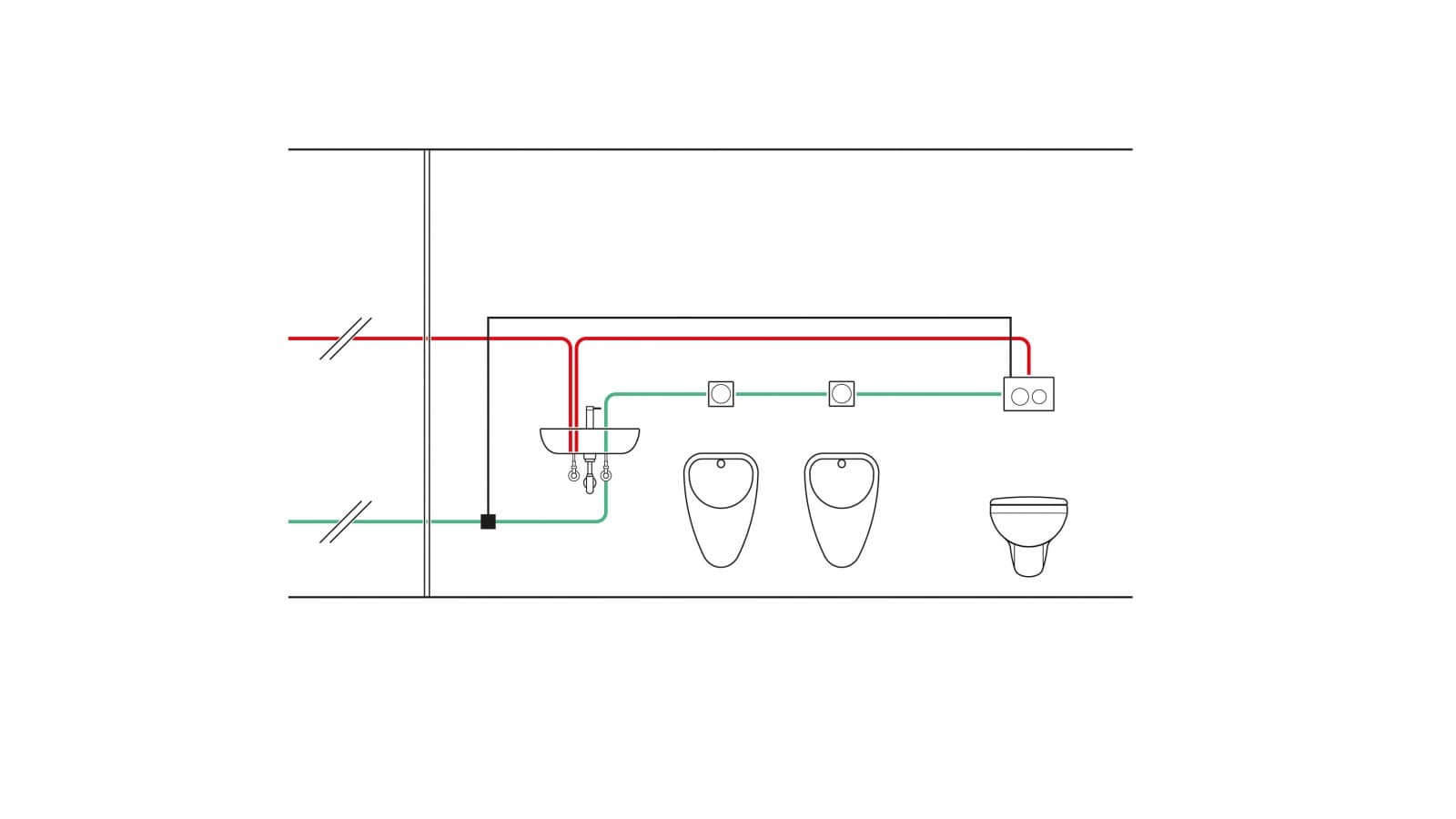 Primer cevovoda ugradnog vodokotlića sa kontrolom temperature sa jedinicom za higijensko ispiranje i korišćenjem temperaturnog senzora. (© Geberit) Primer cevovoda ugradnog vodokotlića sa kontrolom temperature sa jedinicom za higijensko ispiranje i korišćenjem temperaturnog senzora. (© Geberit)
